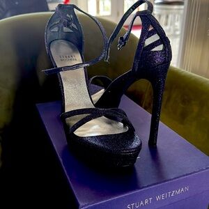 Stuart Weitzman Petrol Mini Glitter Sandals Size 8M
